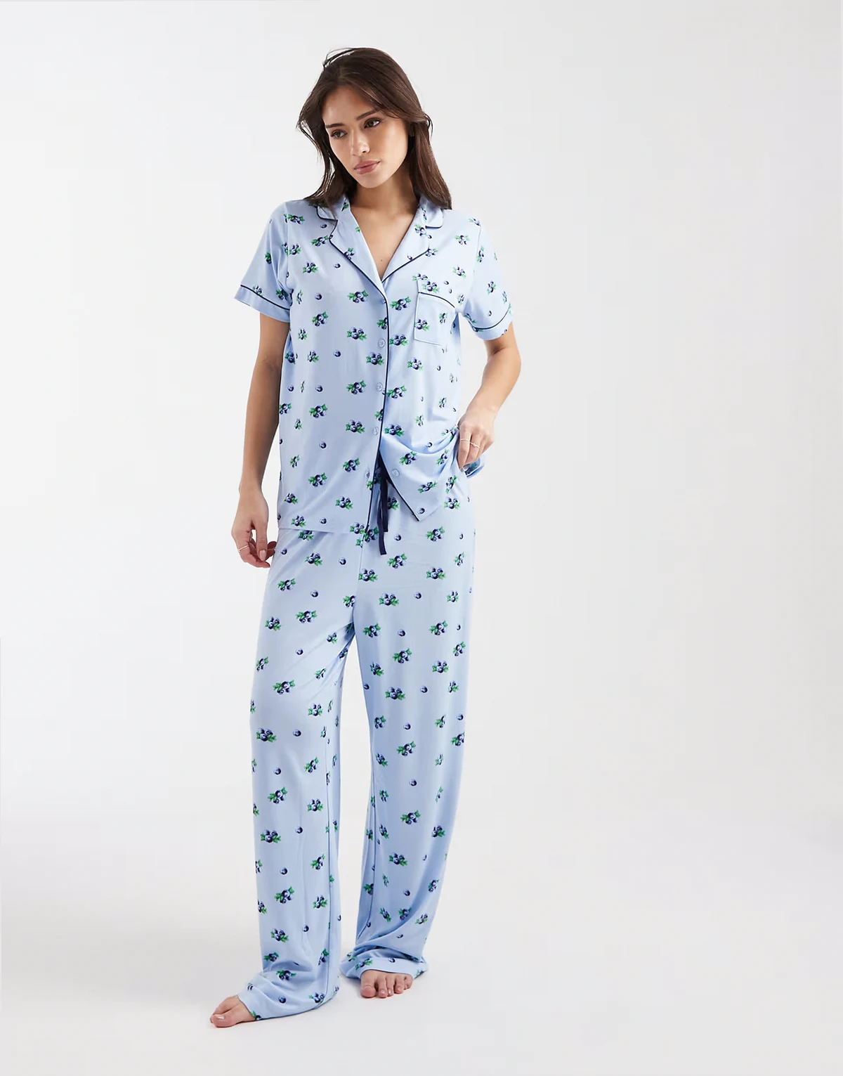 super soft jersey camp collar top and wide leg pants pajama set in blueberry print