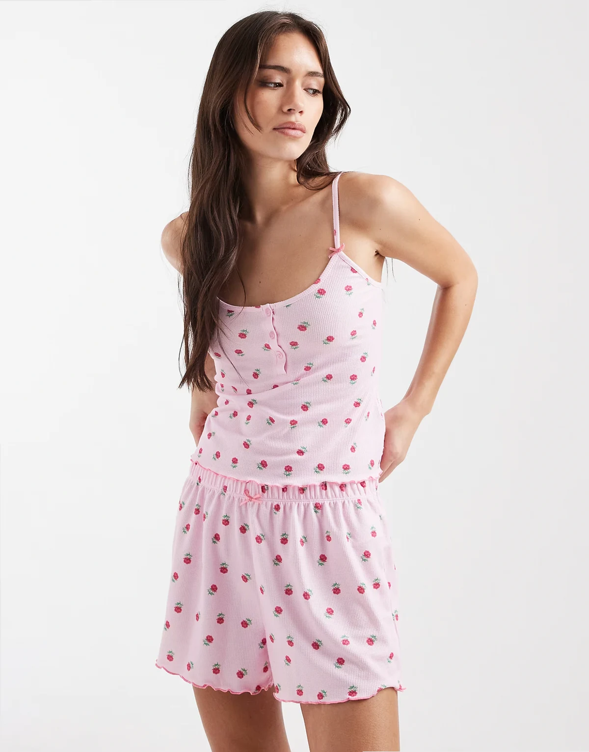 floral print baby waffle cami and shorts set in pink