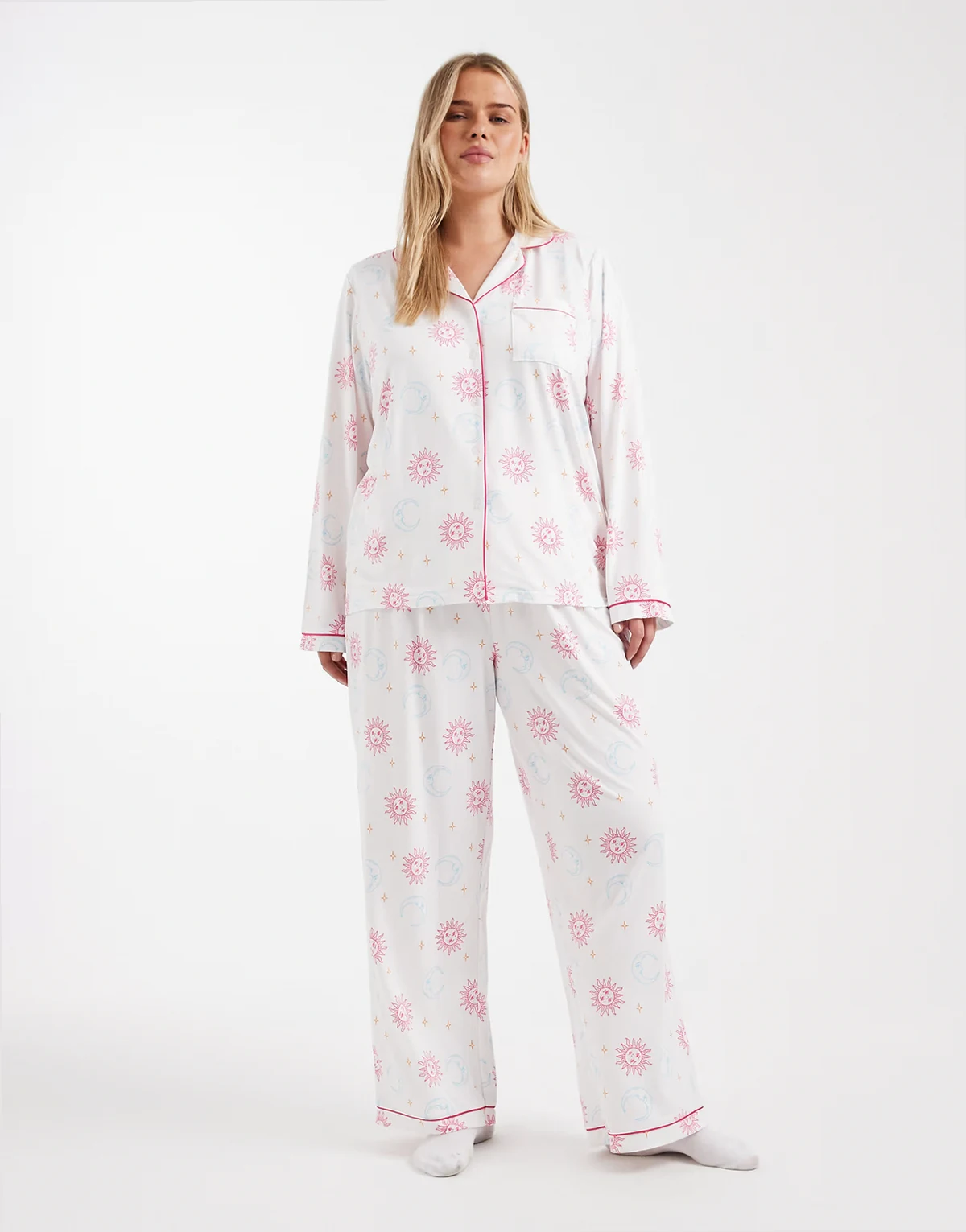 Curve super soft jersey camp collar top and wide leg pajama set in celestial multi