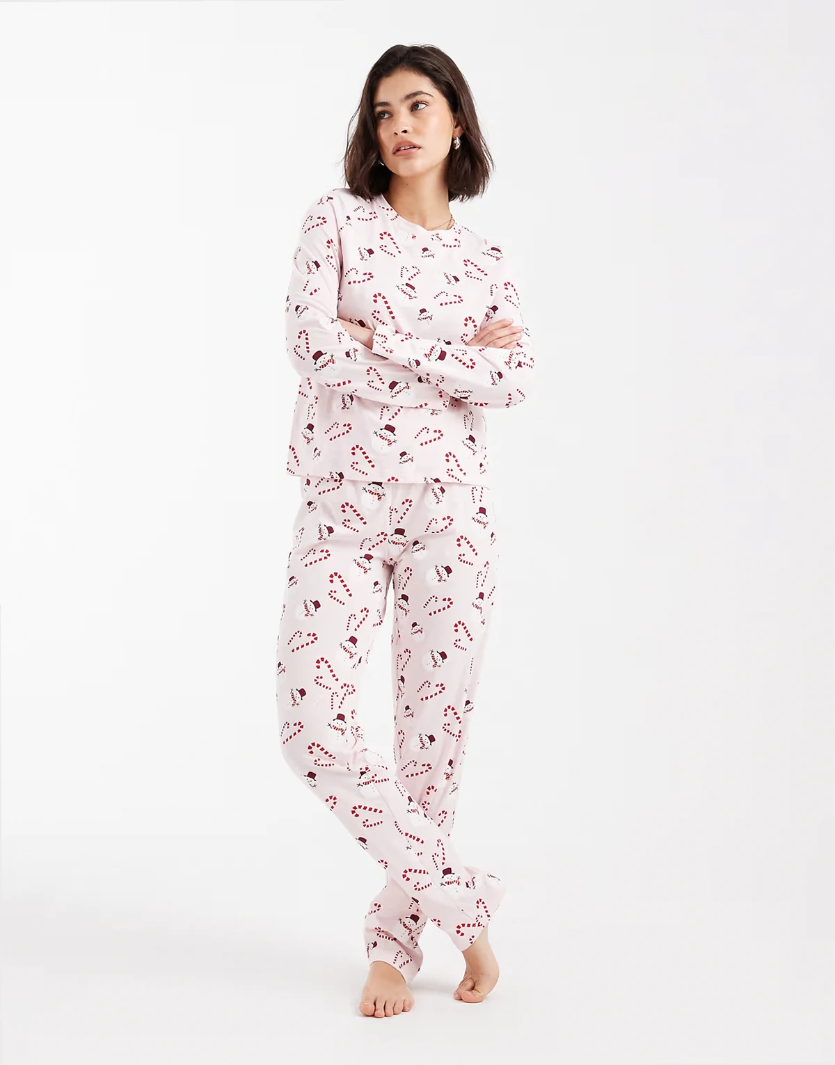 – Weihnachtlicher, langärmliger Pyjama in Rosa mit Schneemann-Print