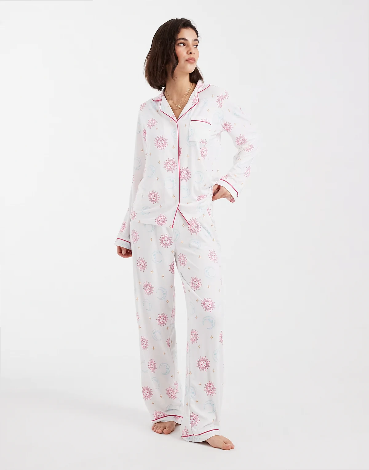 super soft jersey camp collar top and wide leg pajama set in celestial multi