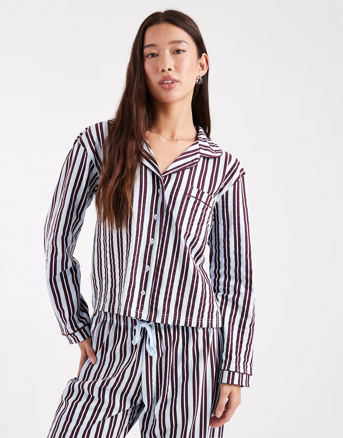 long sleeve shirt and pants pajama set in blue stripe
