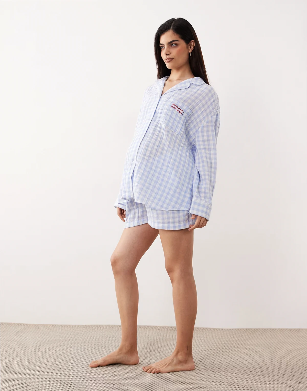 ASOS DESIGN Maternity – Niebieska piżama z bawełnianego muślinu w kratkę vichy: koszula z długimi rękawami i szorty