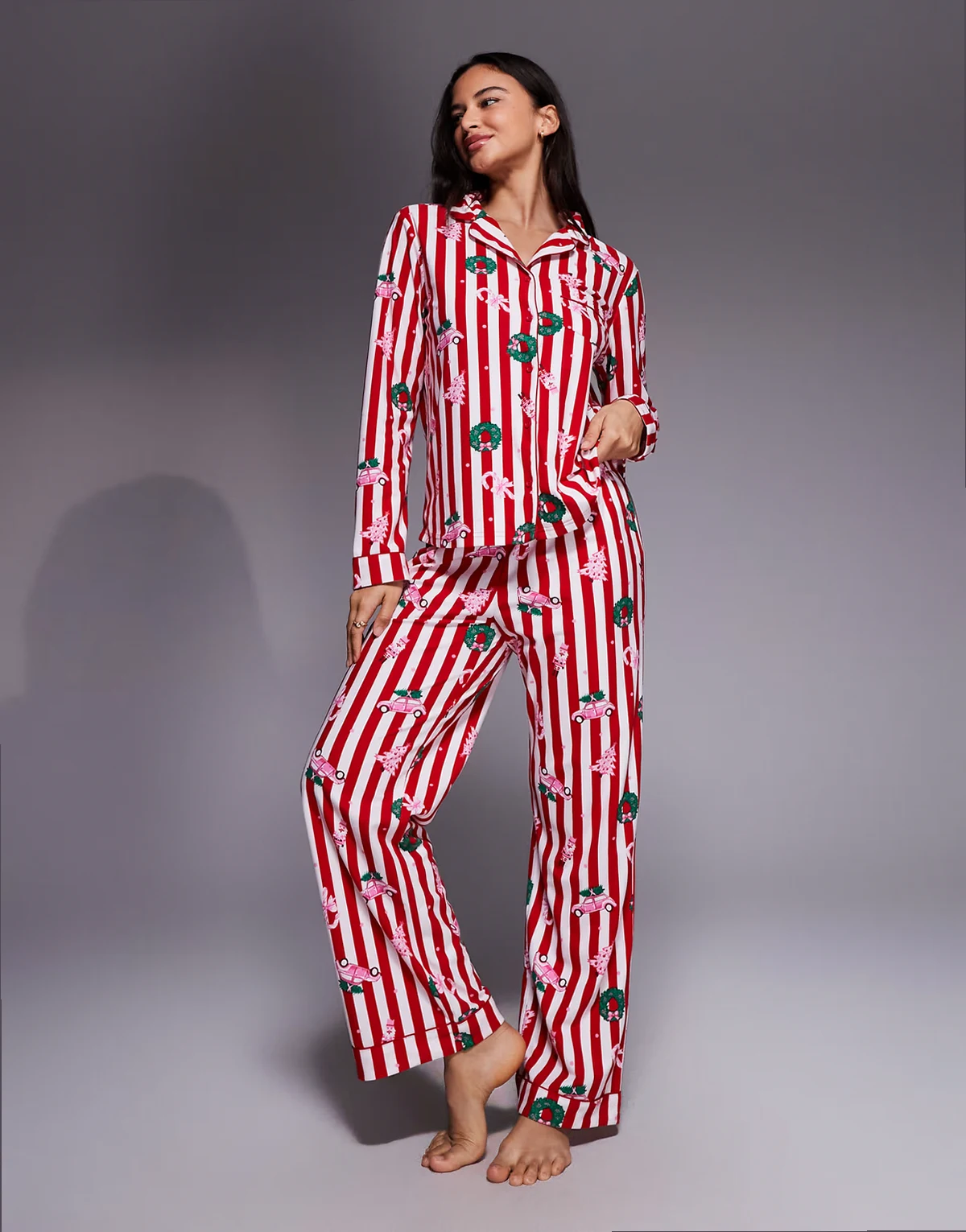 fleece long sleeve top & pants PJ set in a bag in striped christmas print