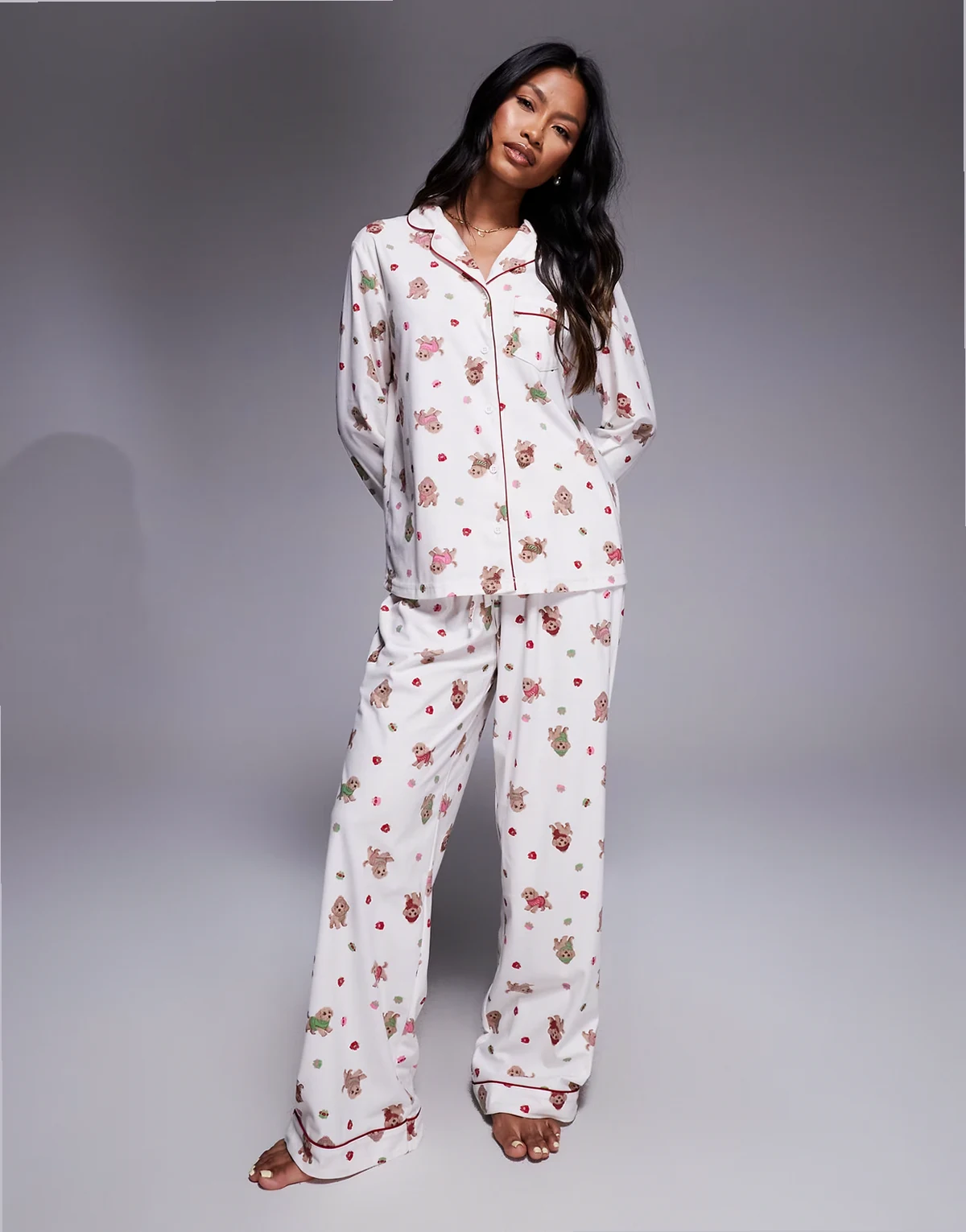 fleece long sleeve top & pants PJ set in puppy christmas print