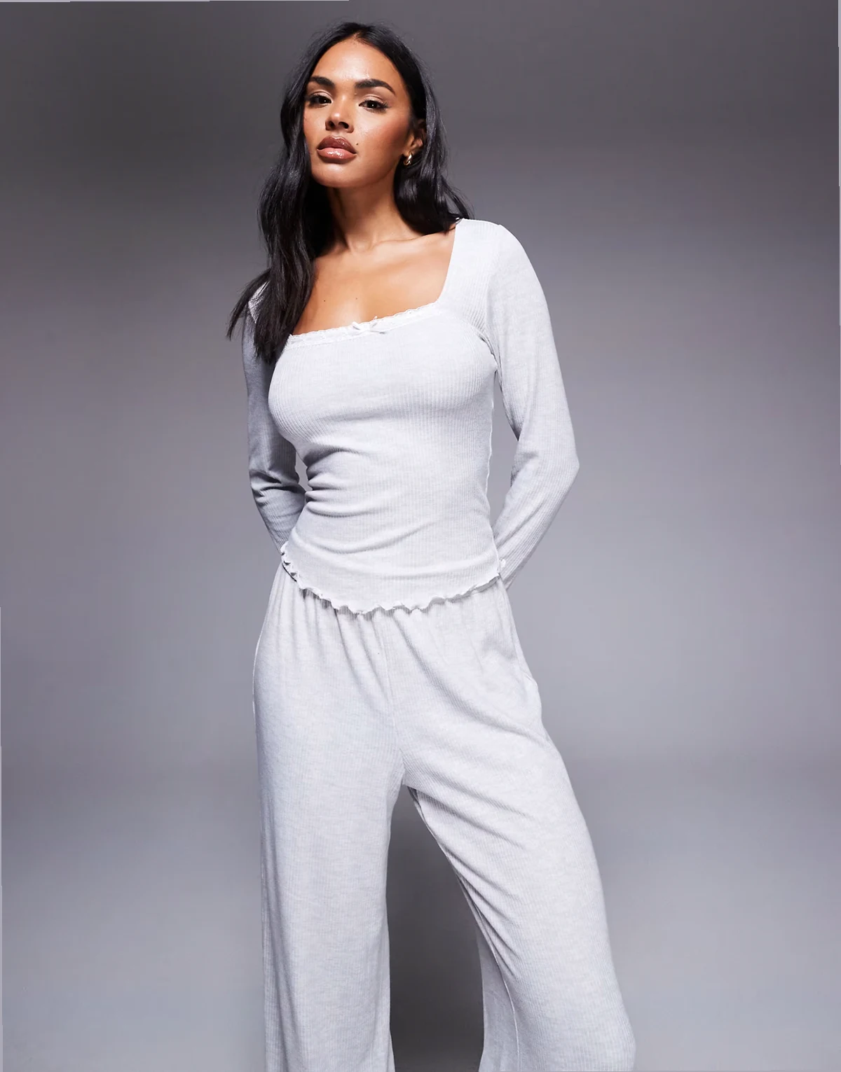 ribbon lace ribbed top and pants set in gray heather