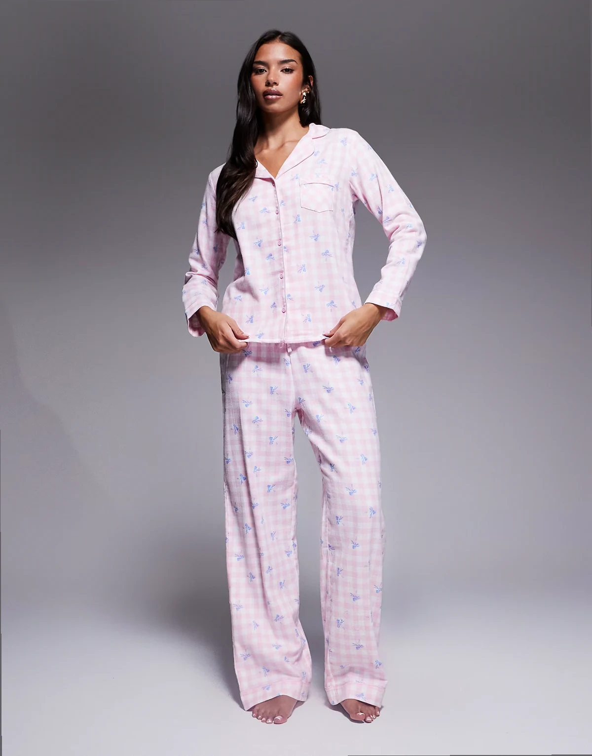 fleece long sleeve & pants PJ set in a bag in gingham bow print