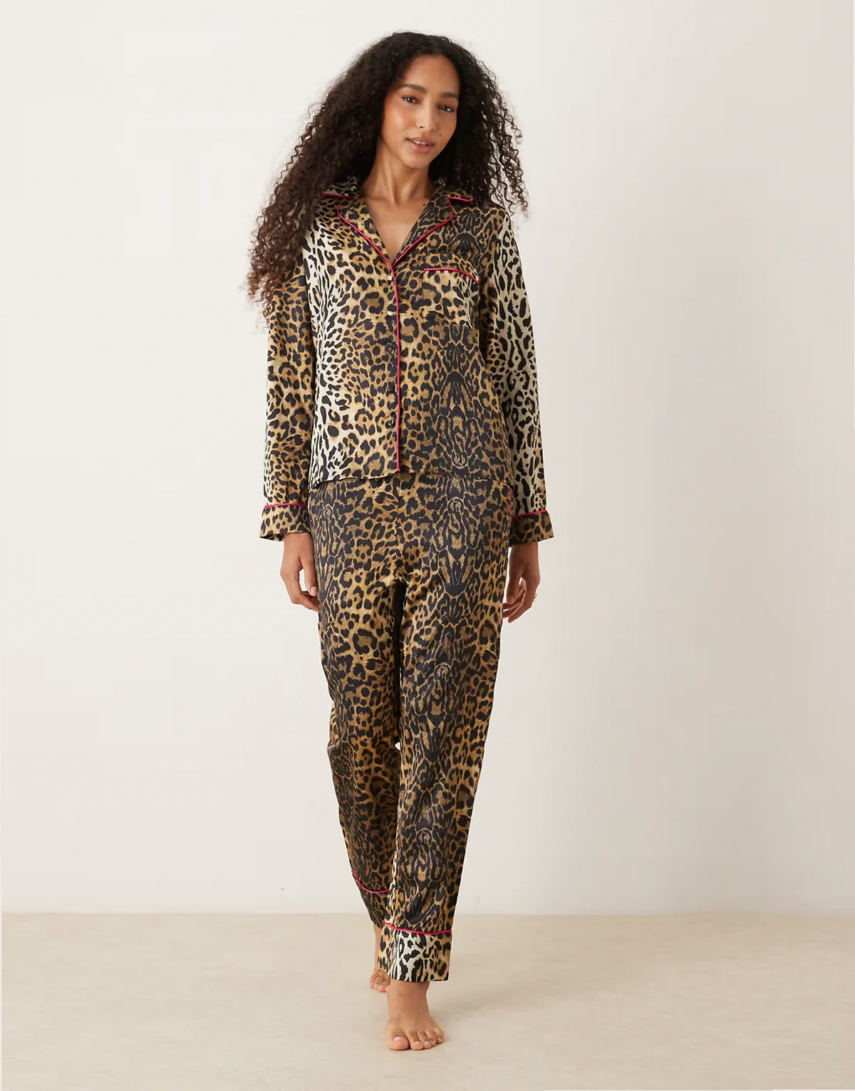 satin pajama top and pants set in brown leopard print