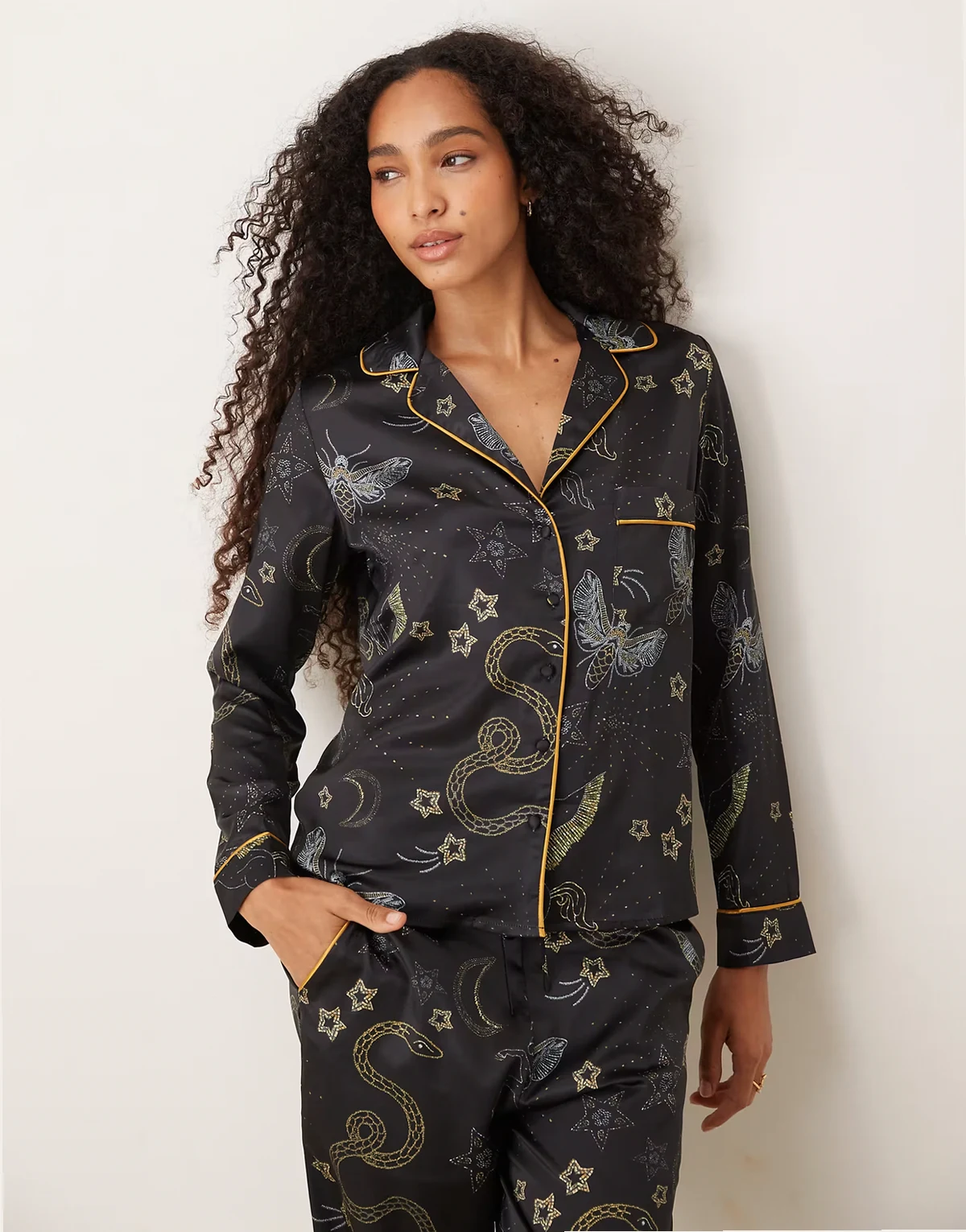 satin pajama top and pants set in navy celestial
