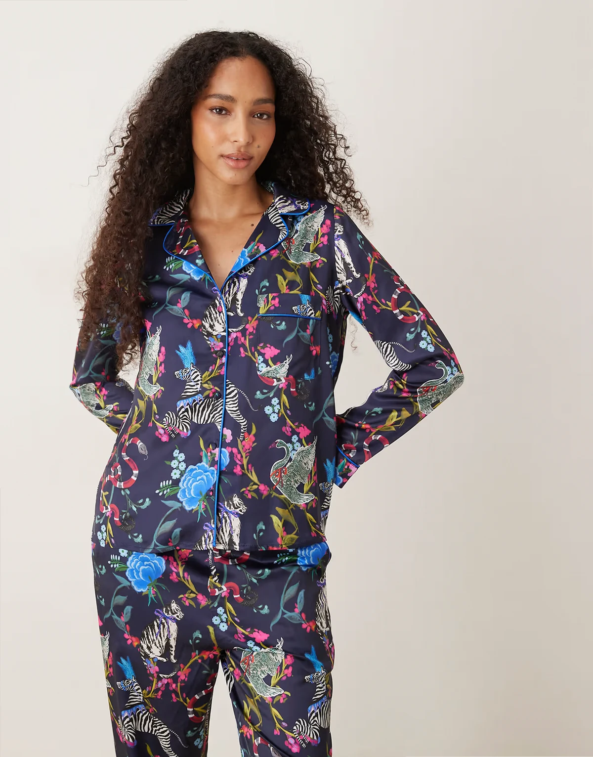 satin pajama top and pants set in blue zoo print