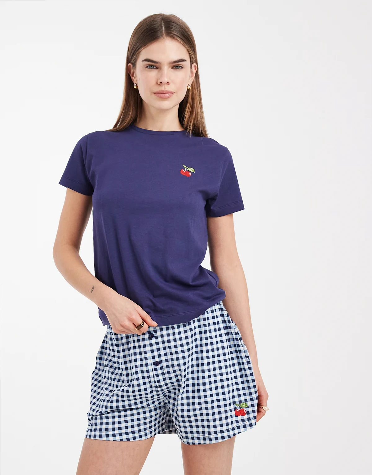cotton t-shirt and gingham shorts pajama set with cherry embroidery in navy
