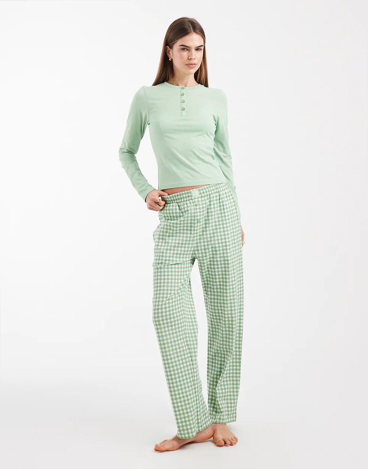 cotton long sleeve henley t-shirt and gingham pants pajama set in sage green