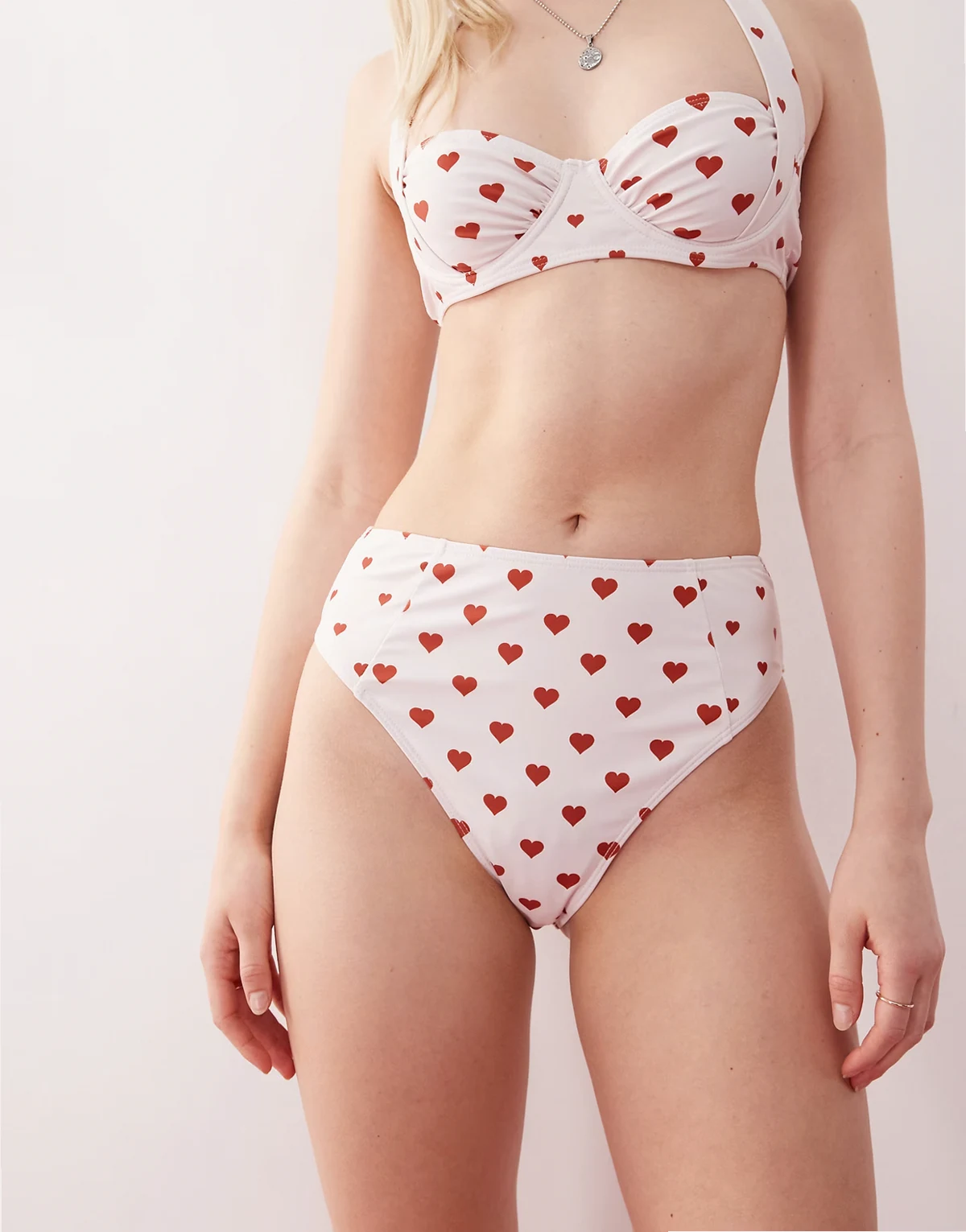 high waist bikini bottom with seam details in retro heart print