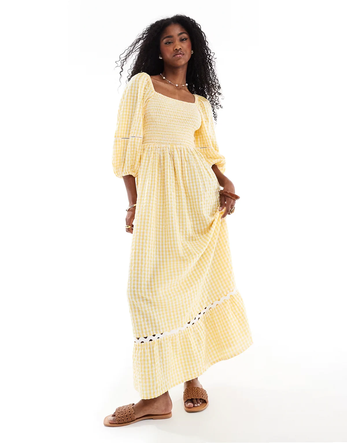 – Maxi-Strandkleid in Orange mit Puffärmeln und Vichy-Karo