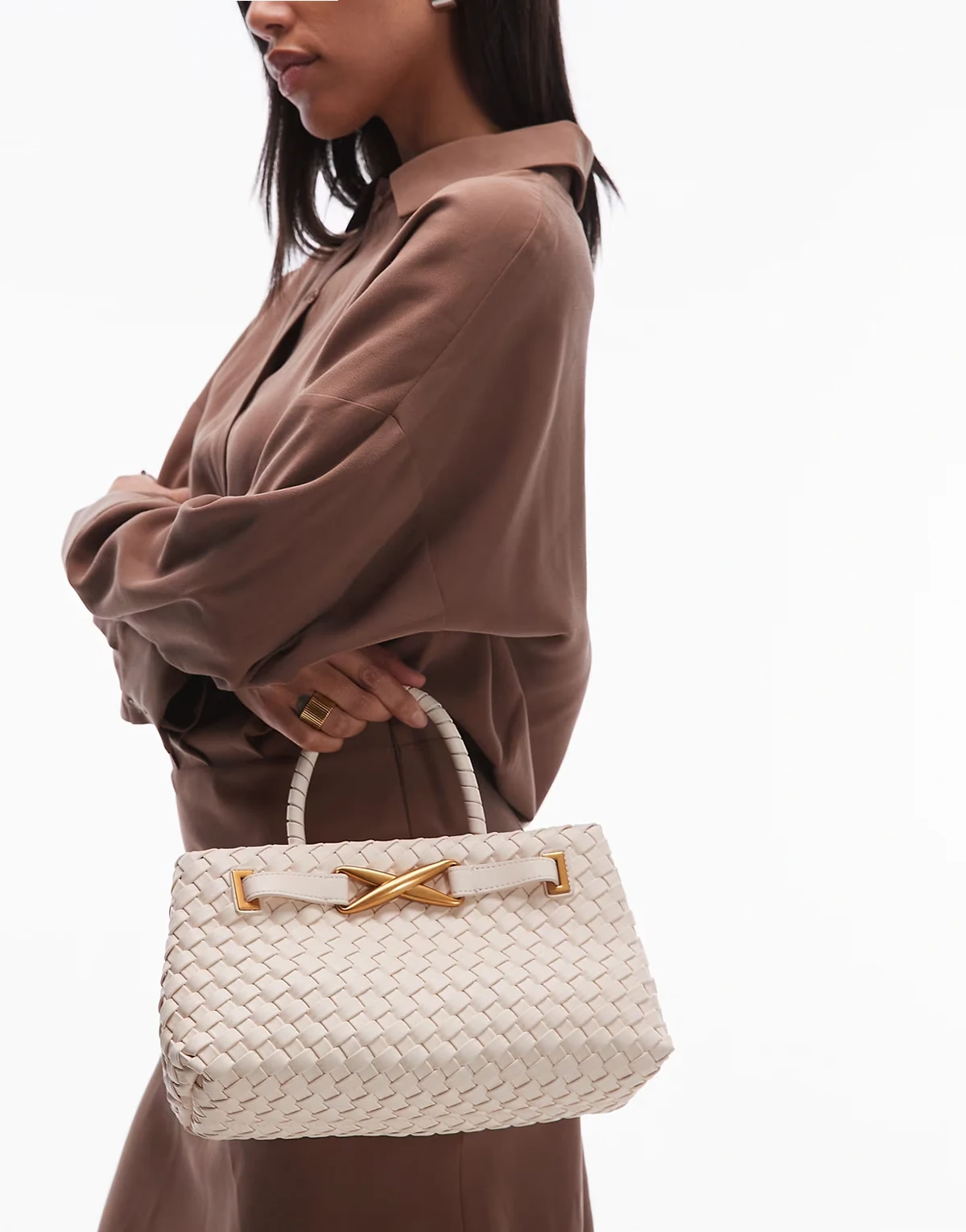Elora woven top handle tote bag with hardware detailing in cream