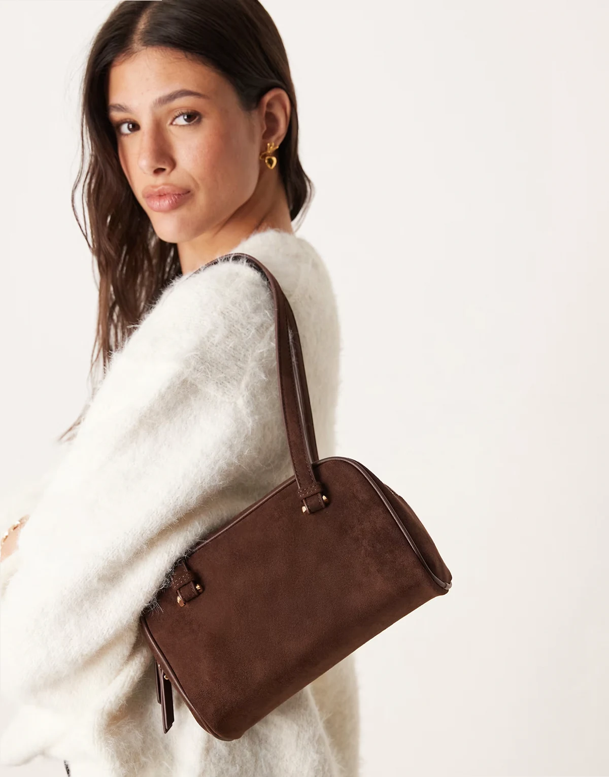 faux suede boxy shoulder bag in chocolate