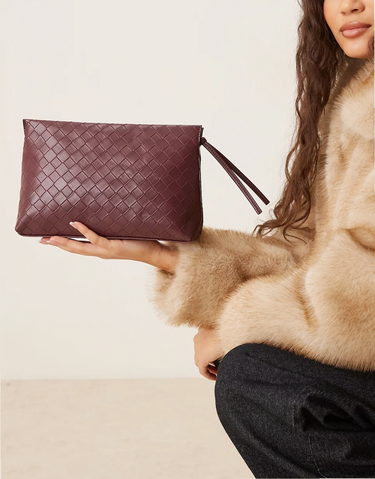 zip top woven clutch bag in burgundy