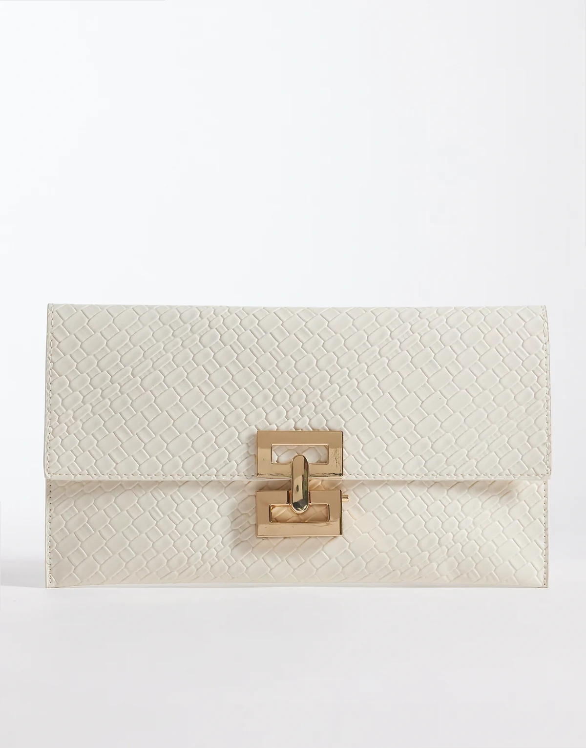 woven clutch purse with gold-tone metal clasp in cream