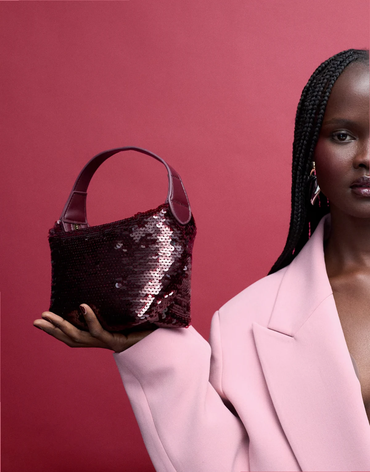 sequin clutch purse in burgundy