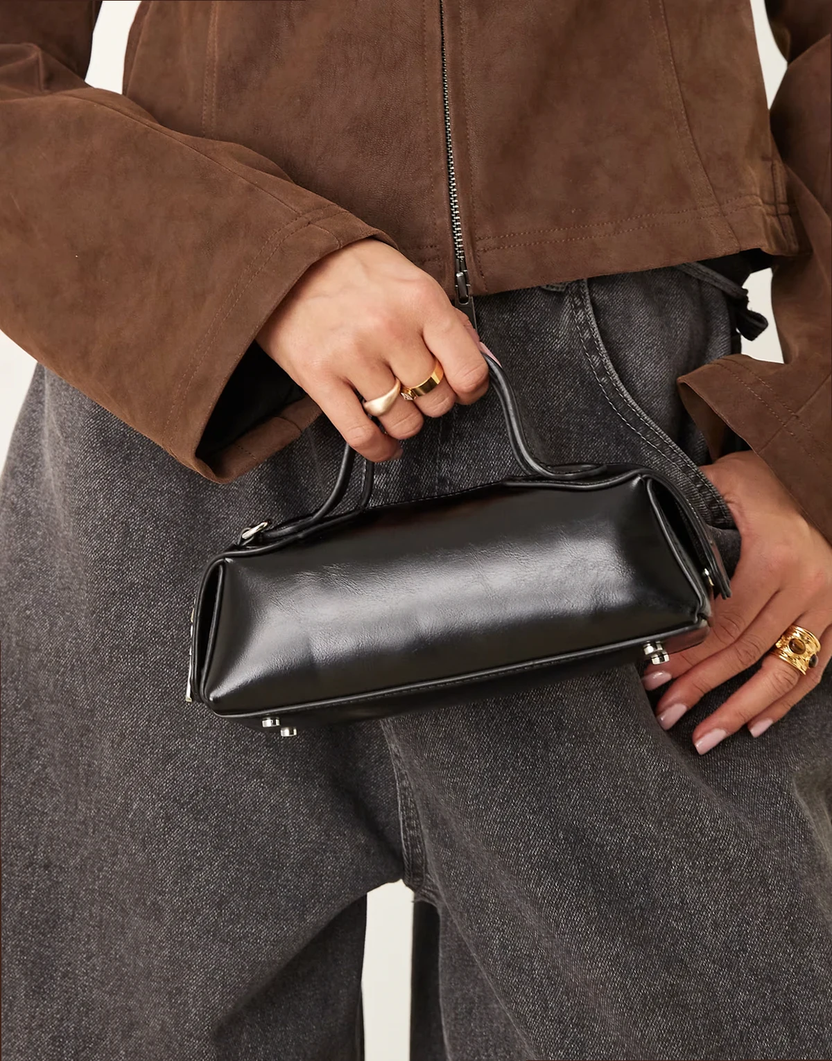 mini elongated top handle crossbody bag in black