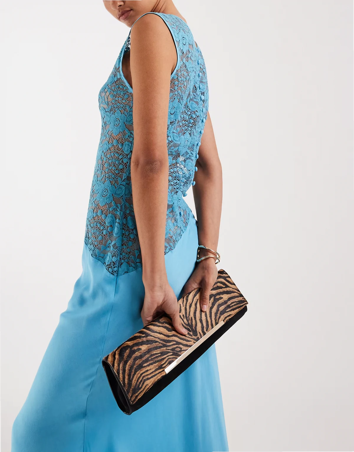 suede & hair on real leather with tiger print elongated clutch bag with bar detail