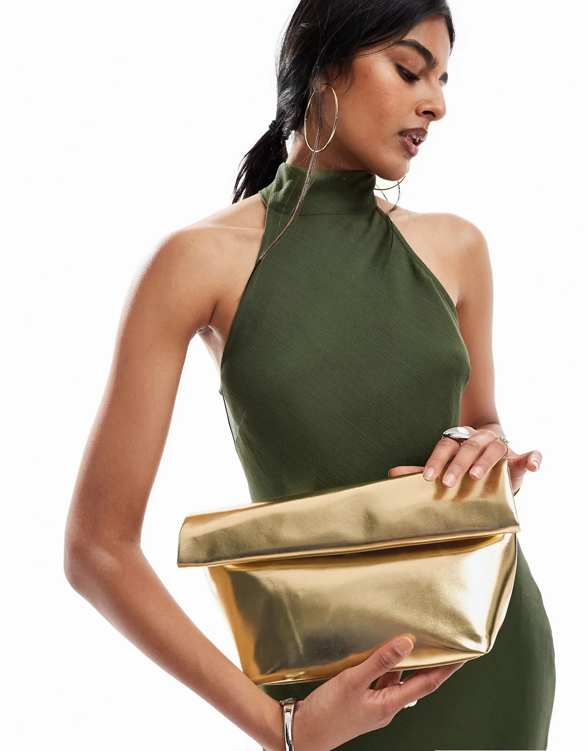 roll top clutch bag in gold