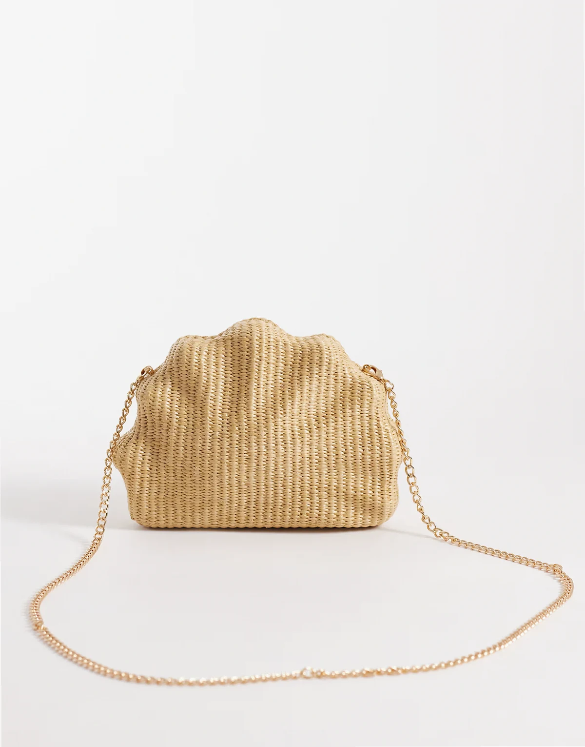 hardbox shell straw clutch purse with chain cross body strap in natural