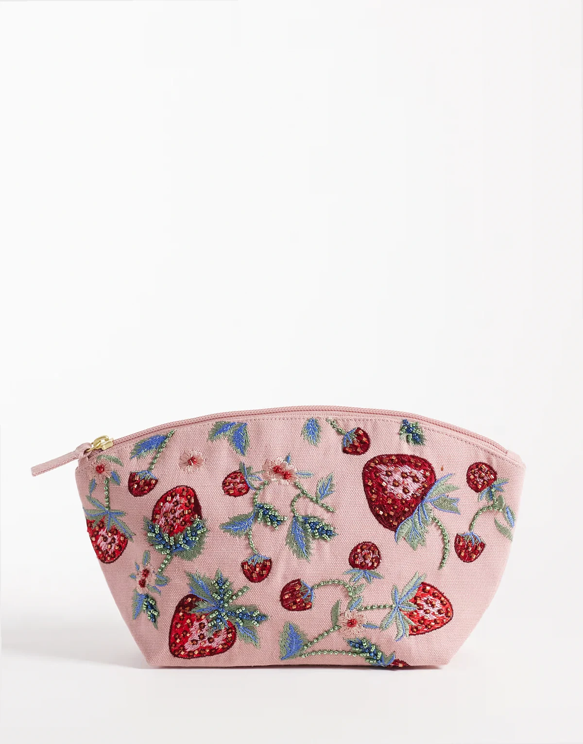 strawberry embellished makeup bag in pink