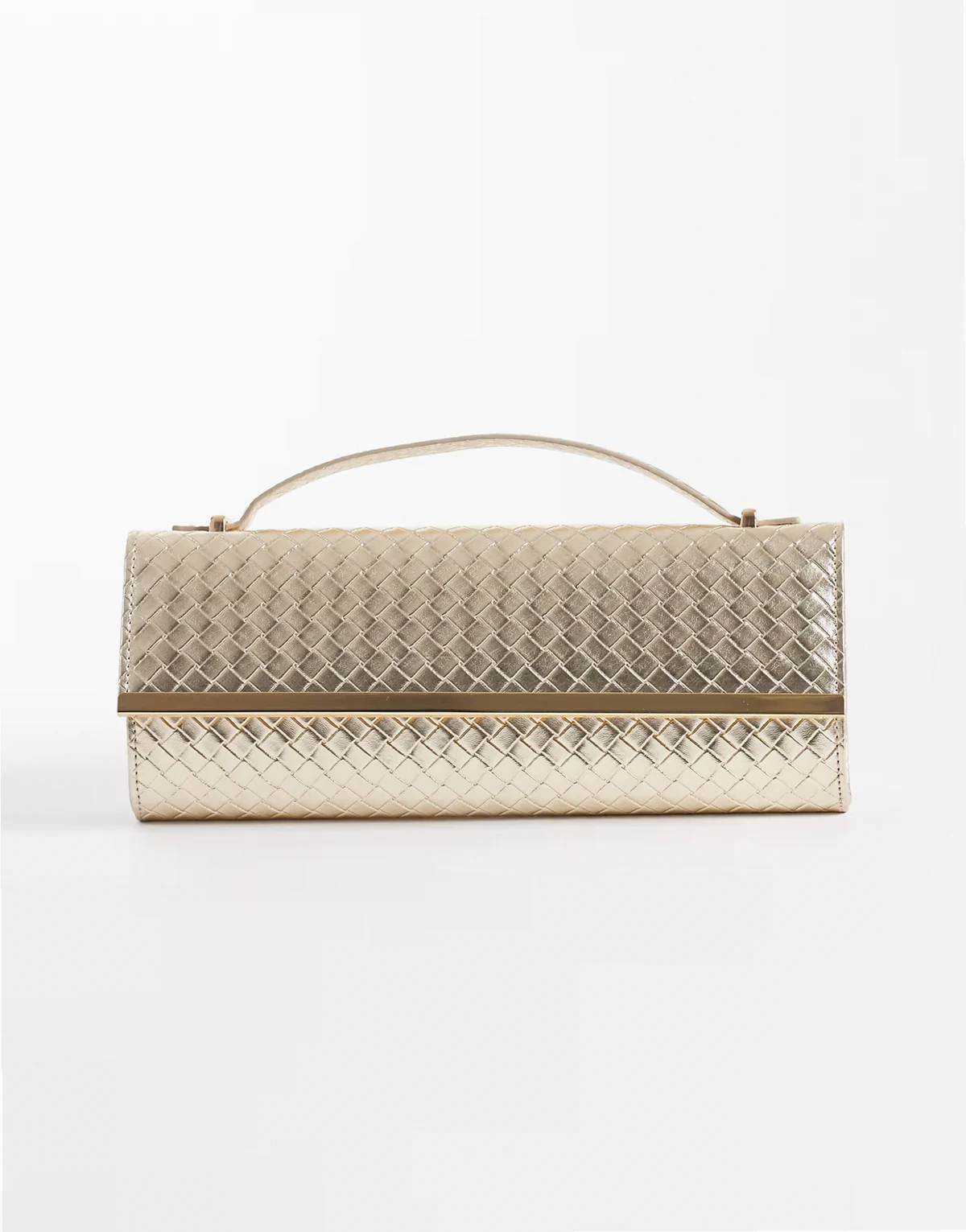 woven detail elongated clutch bag in gold