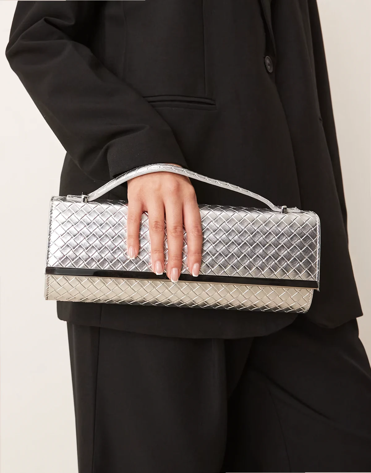 woven detailing elongated clutch purse in silver