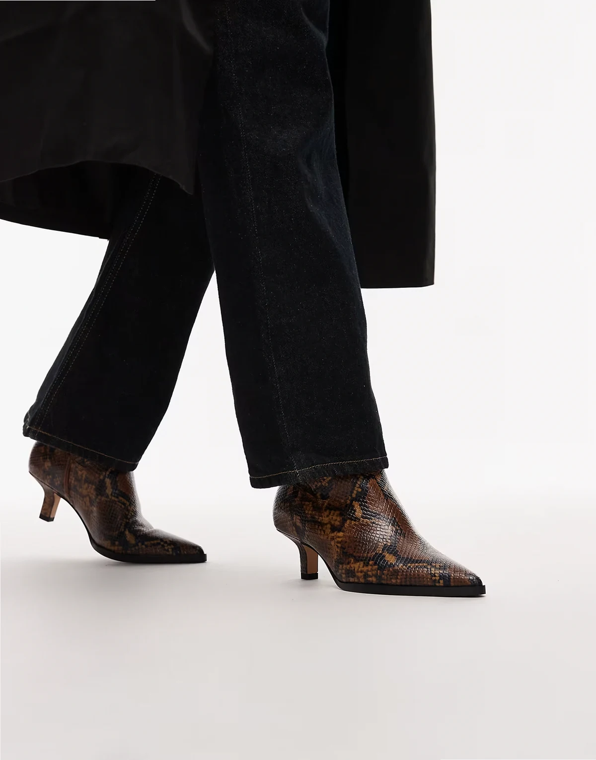 leather pointed toe ankle boots in brown reptile snake print