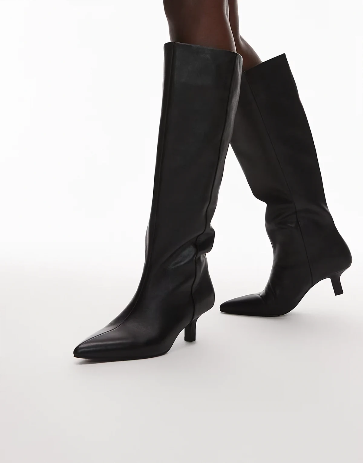 real leather high heeled knee boots with faux suede lining in black
