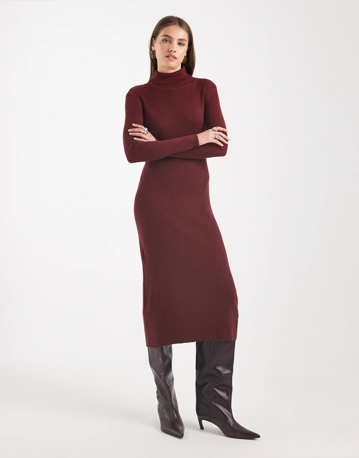 rib knit turtle neck midi sweater dress in burgundy