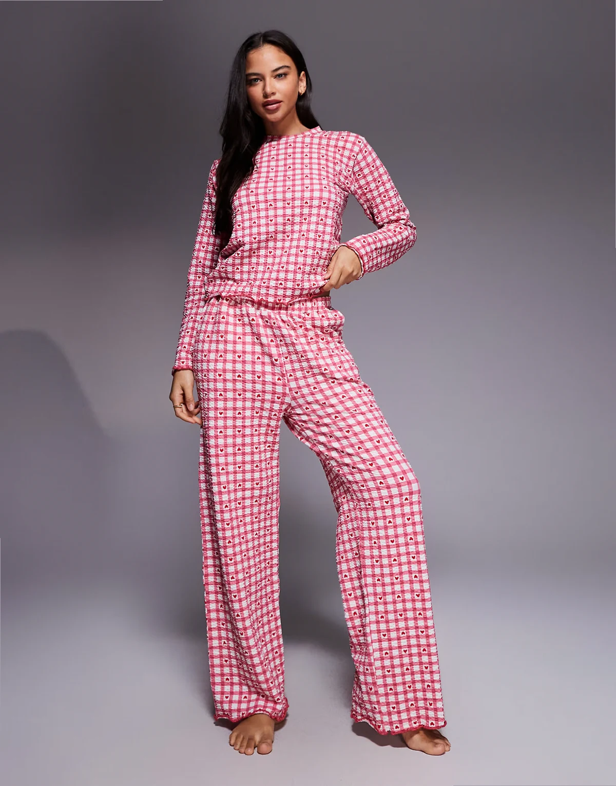 valentines cotton mix gingham print pajama set with hearts in red and white