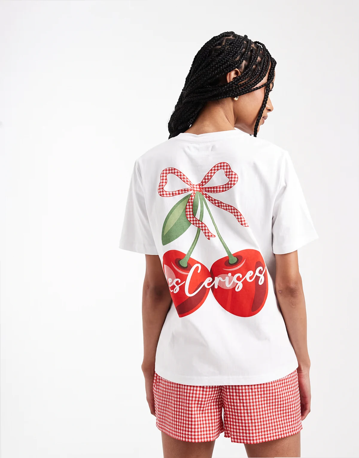 short sleeve pajama set with cherry print and boxer shorts in red check