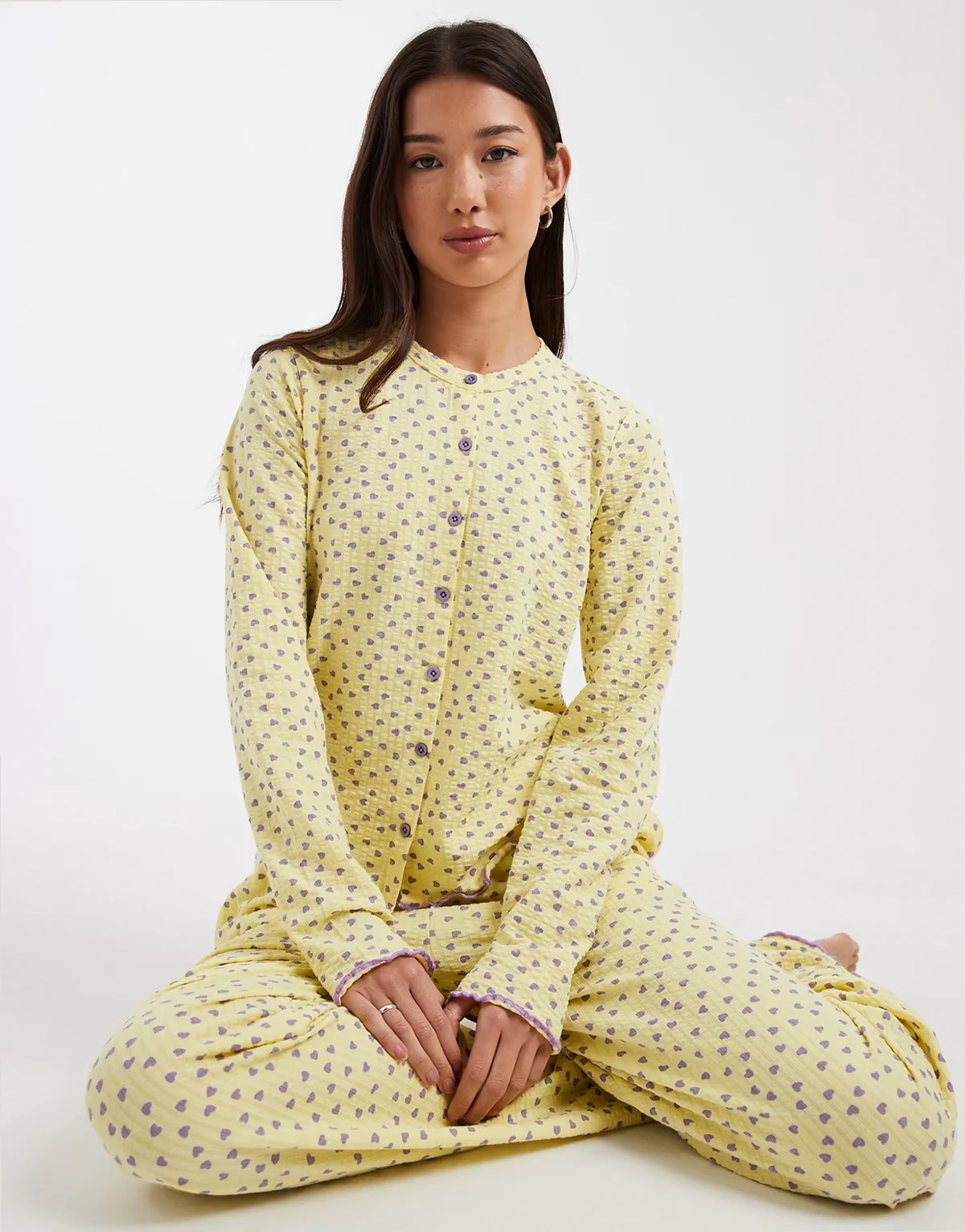 valentines cotton mix button down pajama set with heart print in yellow and lilac