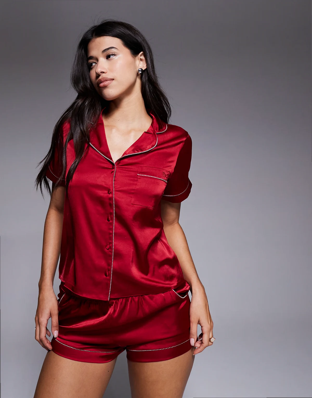 Luxe satin revere top and shorties set with stripe piping detail in dark red