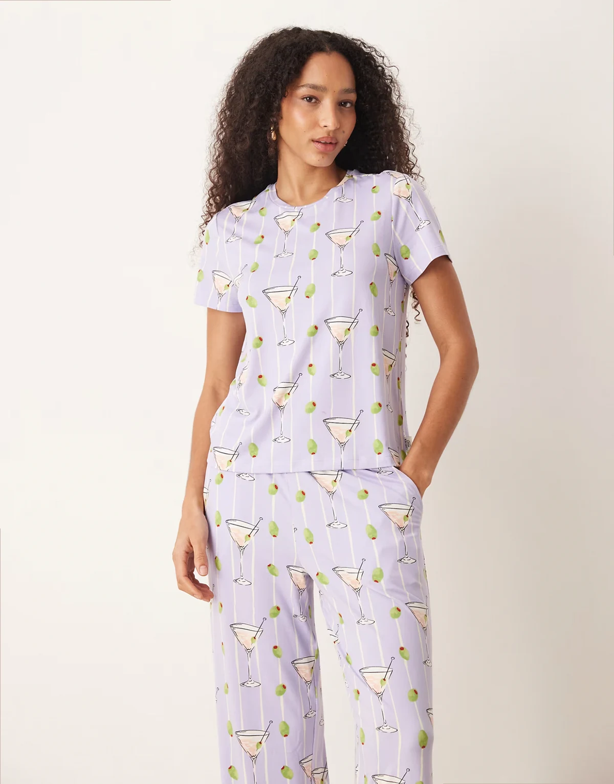 t-shirt with straight leg pants pajama set in lilac martini and olives striped print