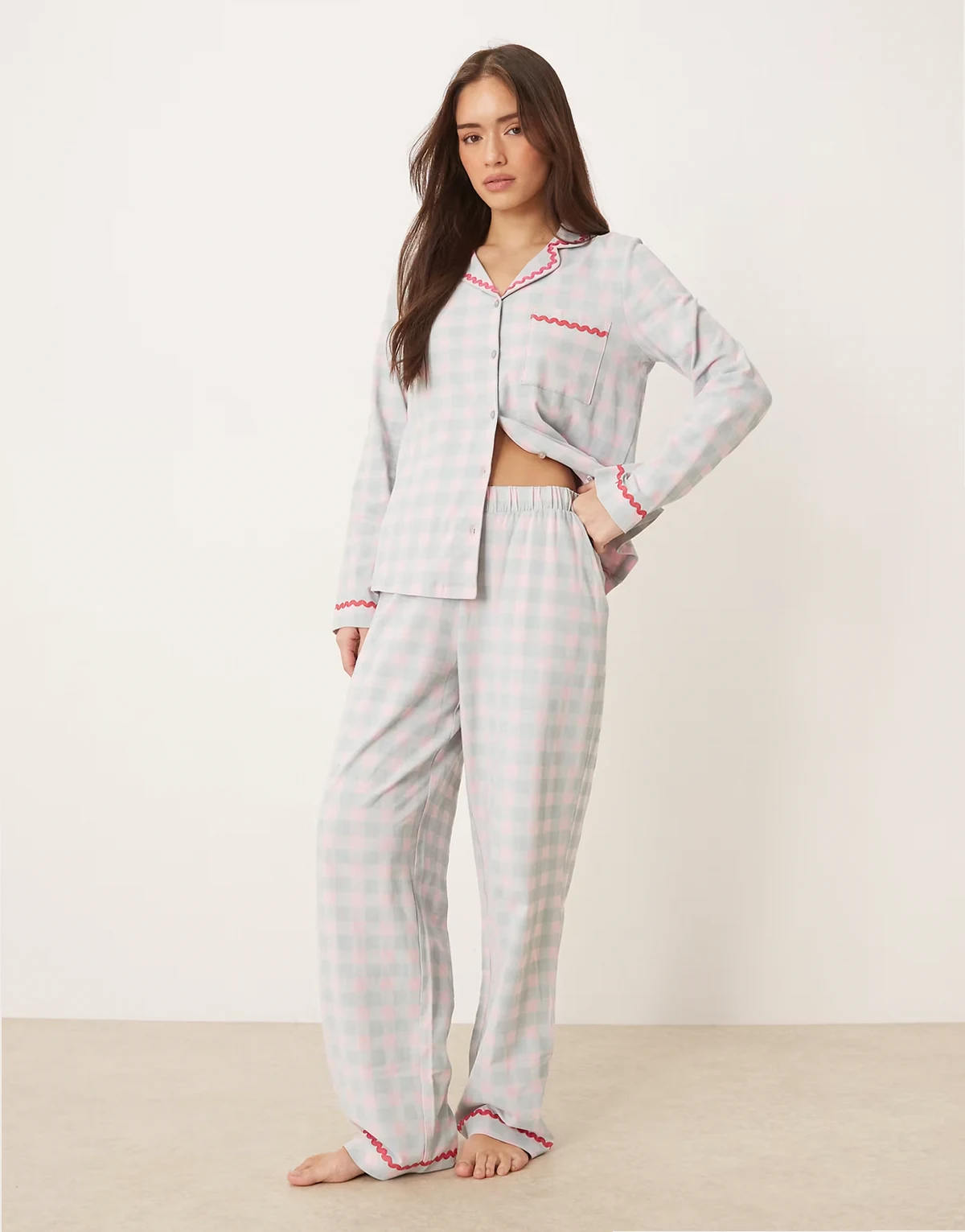 long pajama set with embroidery and frill detailing in pink and blue gingham print