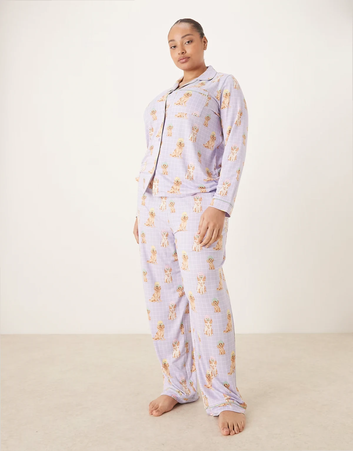 Curve long button up set in lilac spa dog print