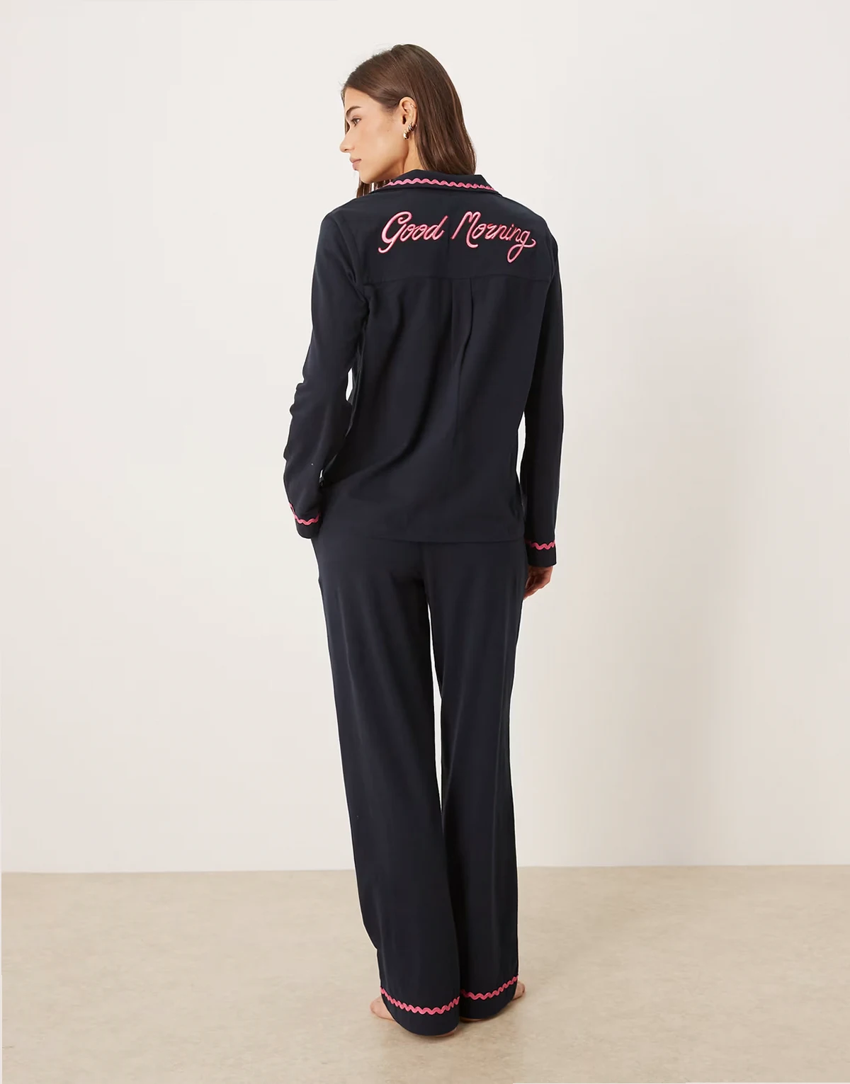 long button up pajama set with good morning embroidery and wavy trim in navy
