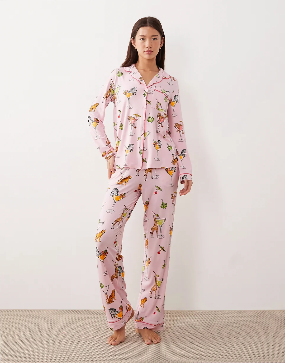 long button up pajama set in pink martini animal print