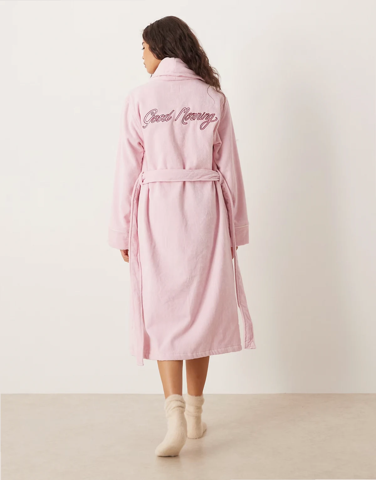 terrycloth robe with good morning embroidery in pink