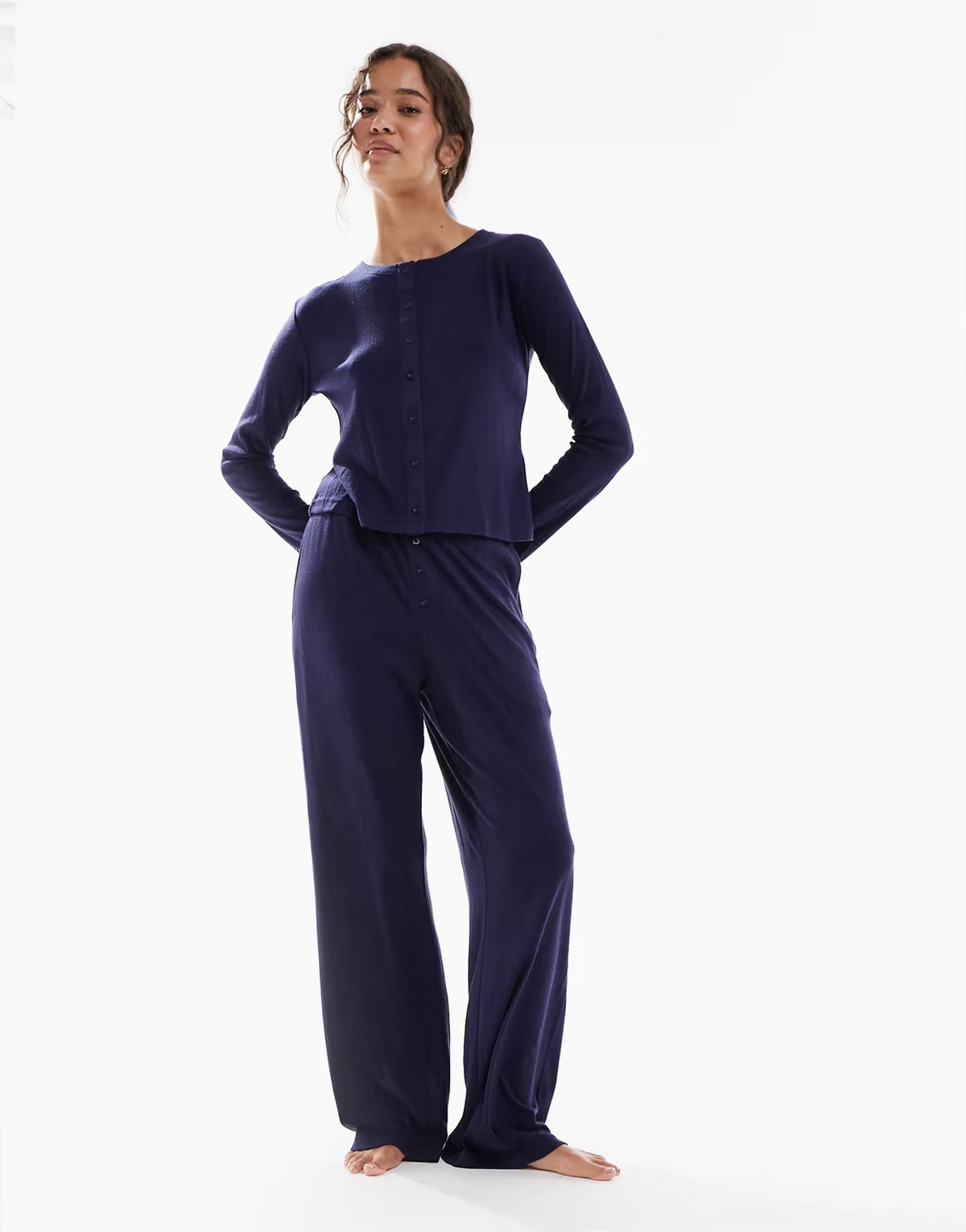long sleeve button down pointelle pajamas in navy