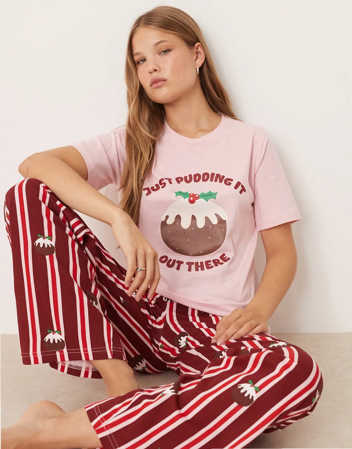 short sleeve Christmas pudding pajamas with striped pants in pink and red