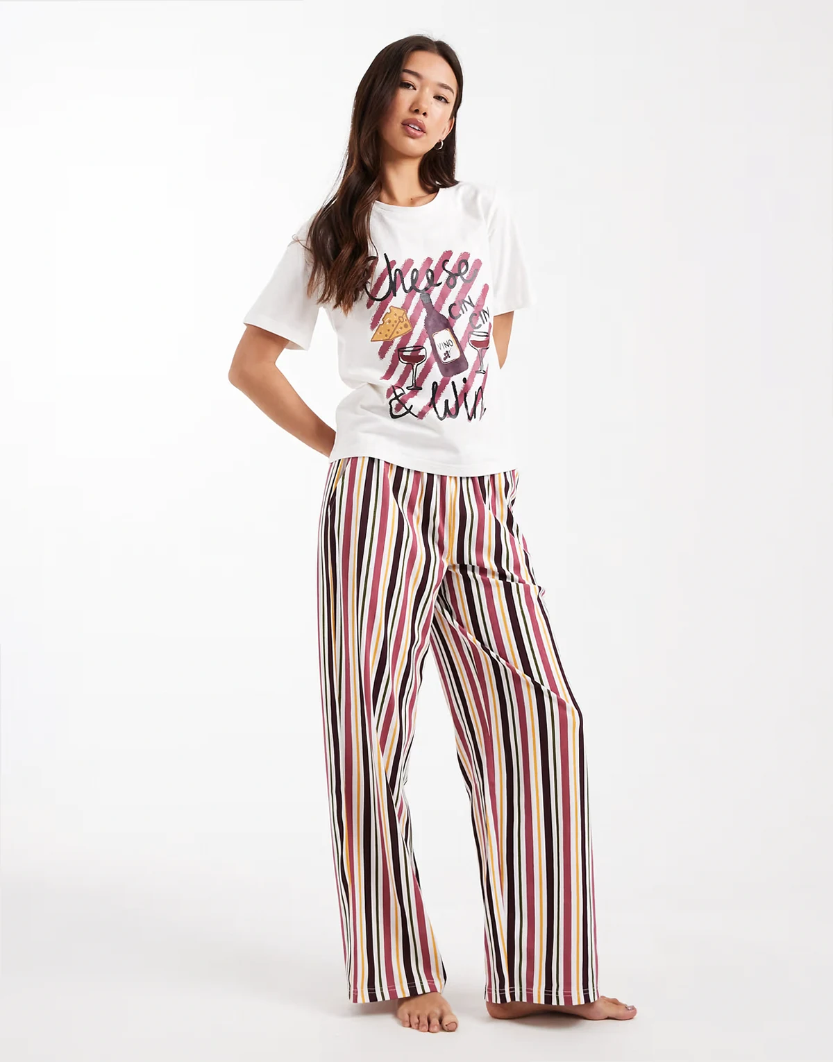 short sleeve cheese print pajamas with striped pants in white and green