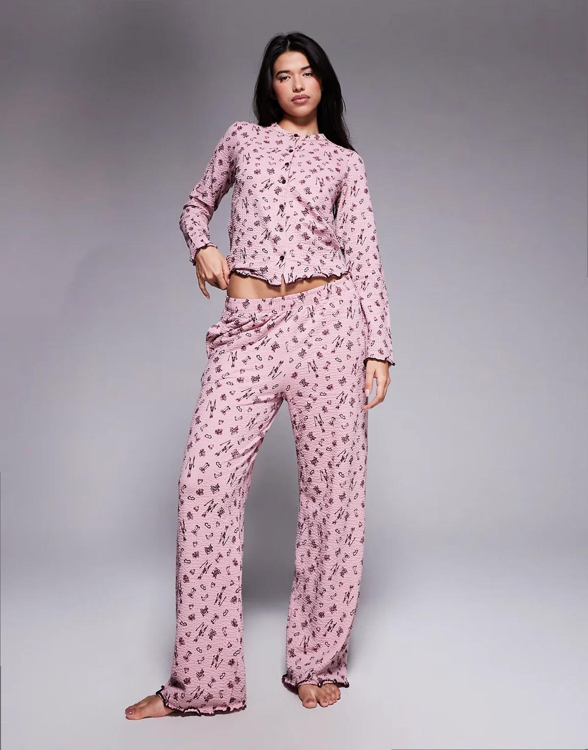 long sleeve button down ski print pajamas in fig