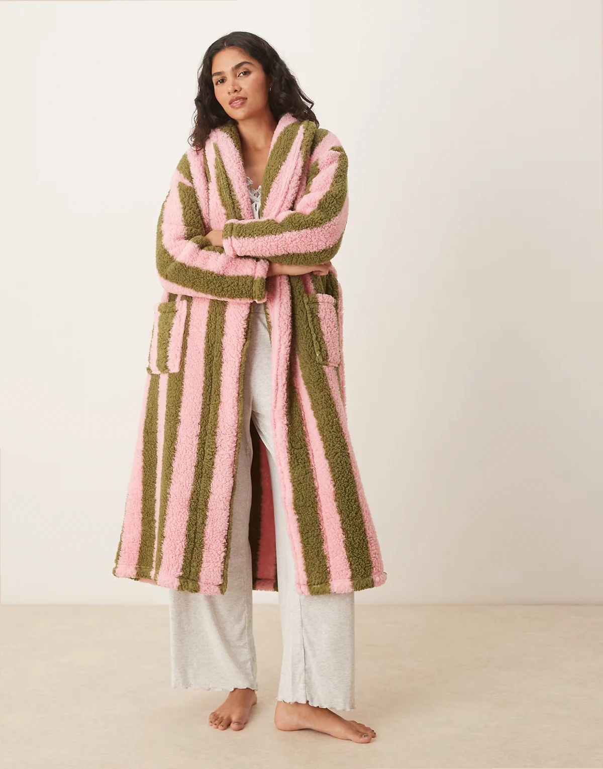 long striped robe in green and pink