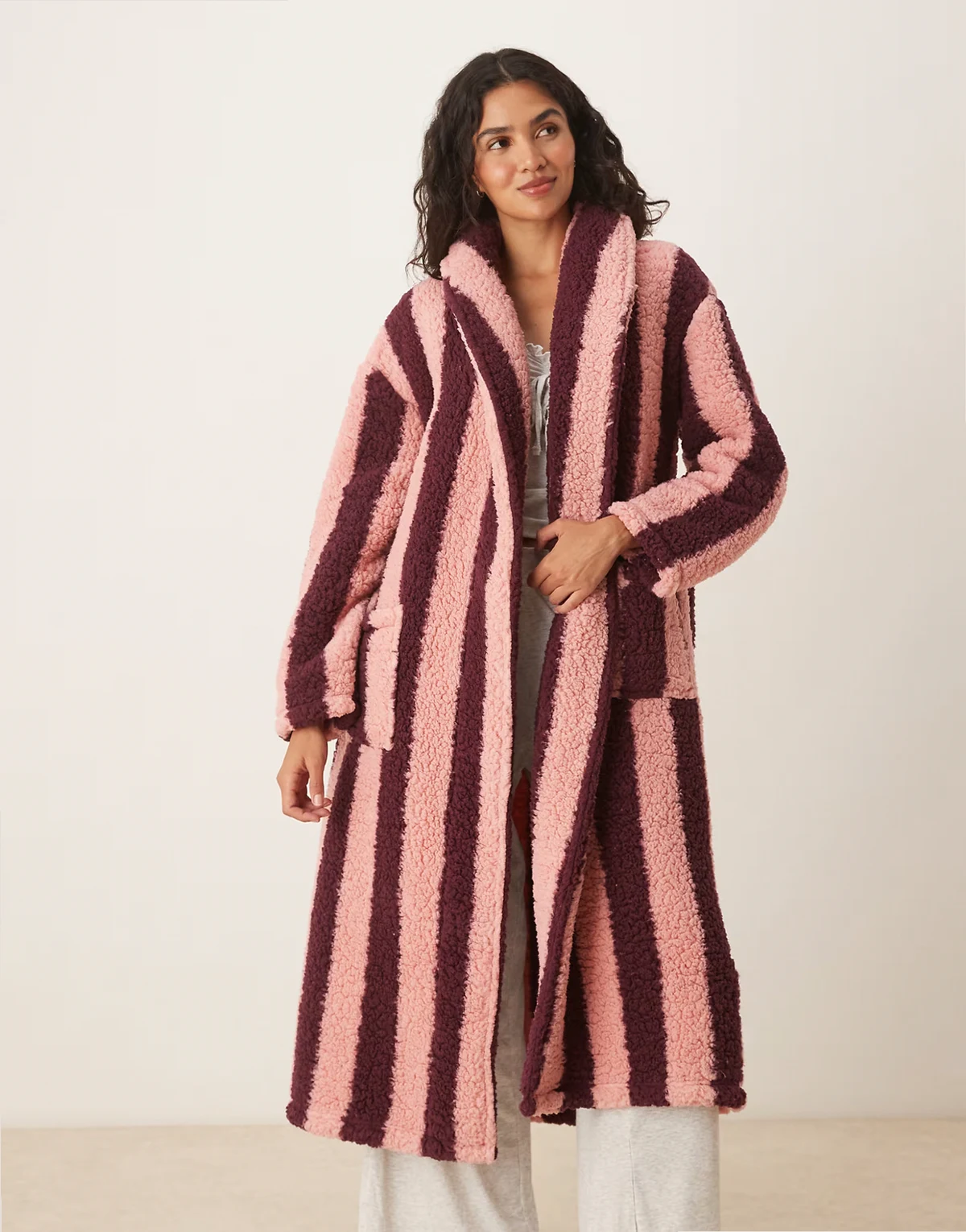 long striped robe in burgundy and pink