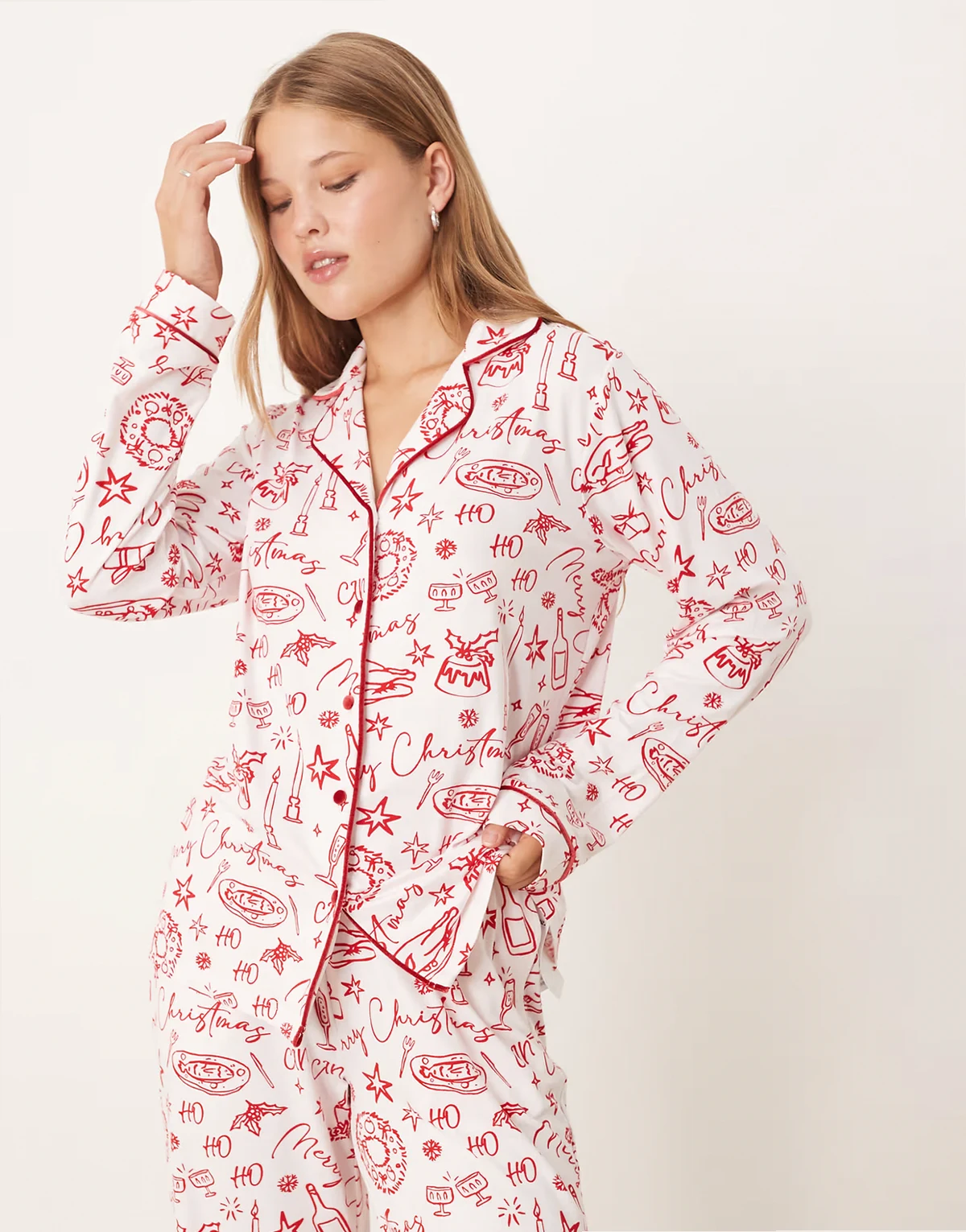 long sleeve Christmas pajamas in white and red
